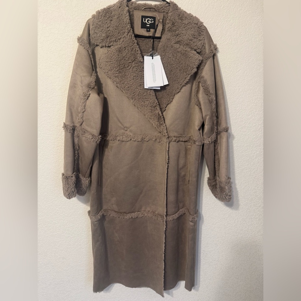 UGG Taupe Faux Shearling Long Coat Size XS Teddy Lined Winter Jacket oversized